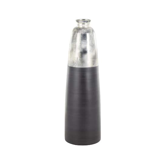 34" Black Glass Brushed Two-Toned Floor Vase with Textured Silver Top